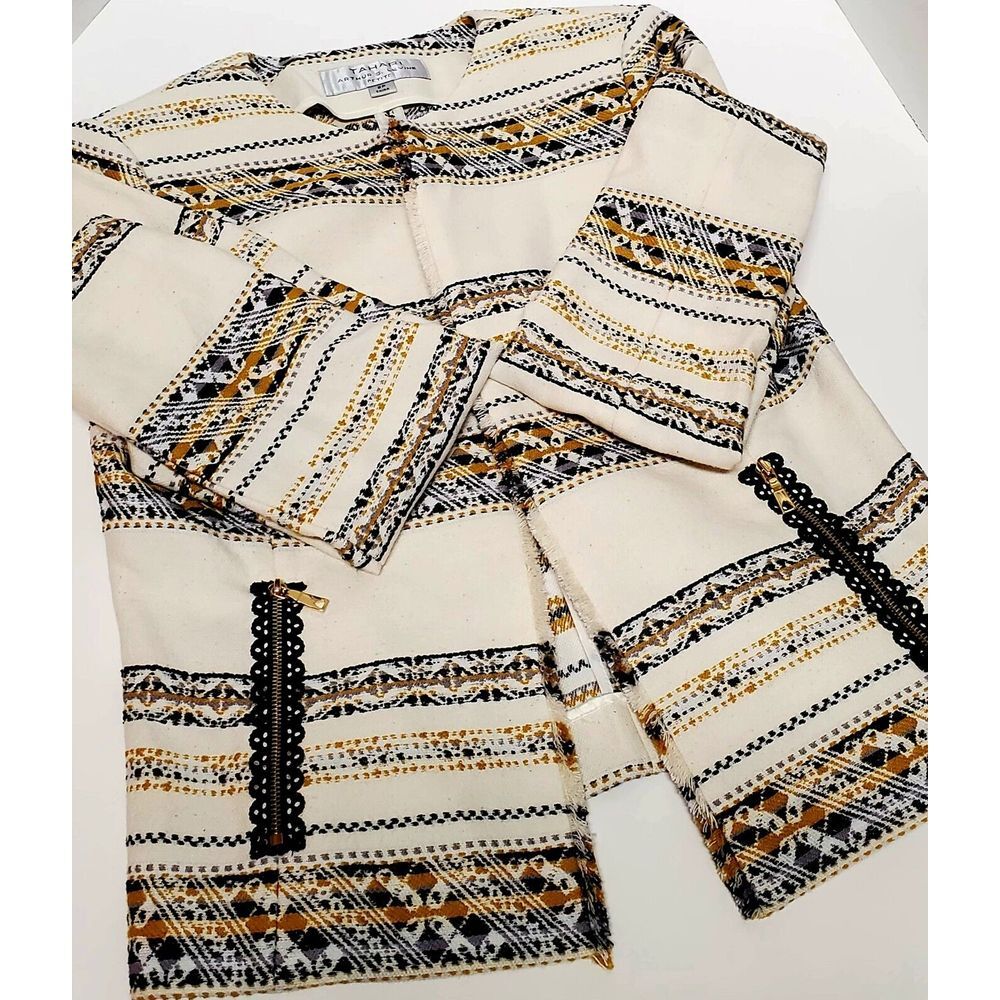 Tahari Open Blazer Jacket 2P Arthur S. Levine Woven Cream/Black/Gold Fringe Edge - Picture 10 of 10